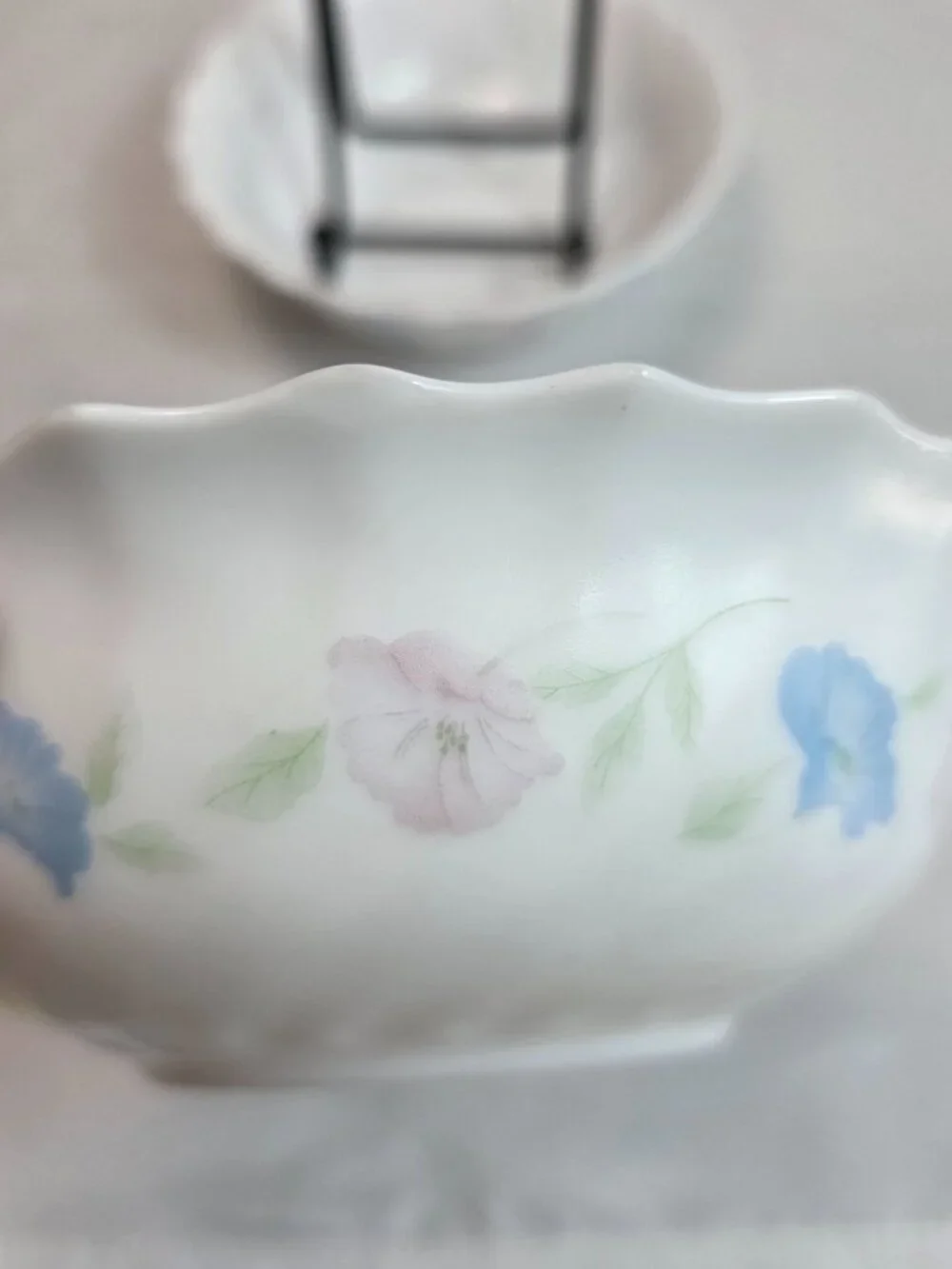 TWO Arcopal France Chloe Cereal Bowls White with Pink & Blue Flowers Scalloped